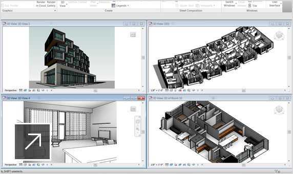 3D views of the exterior, interior, and a single room in a building